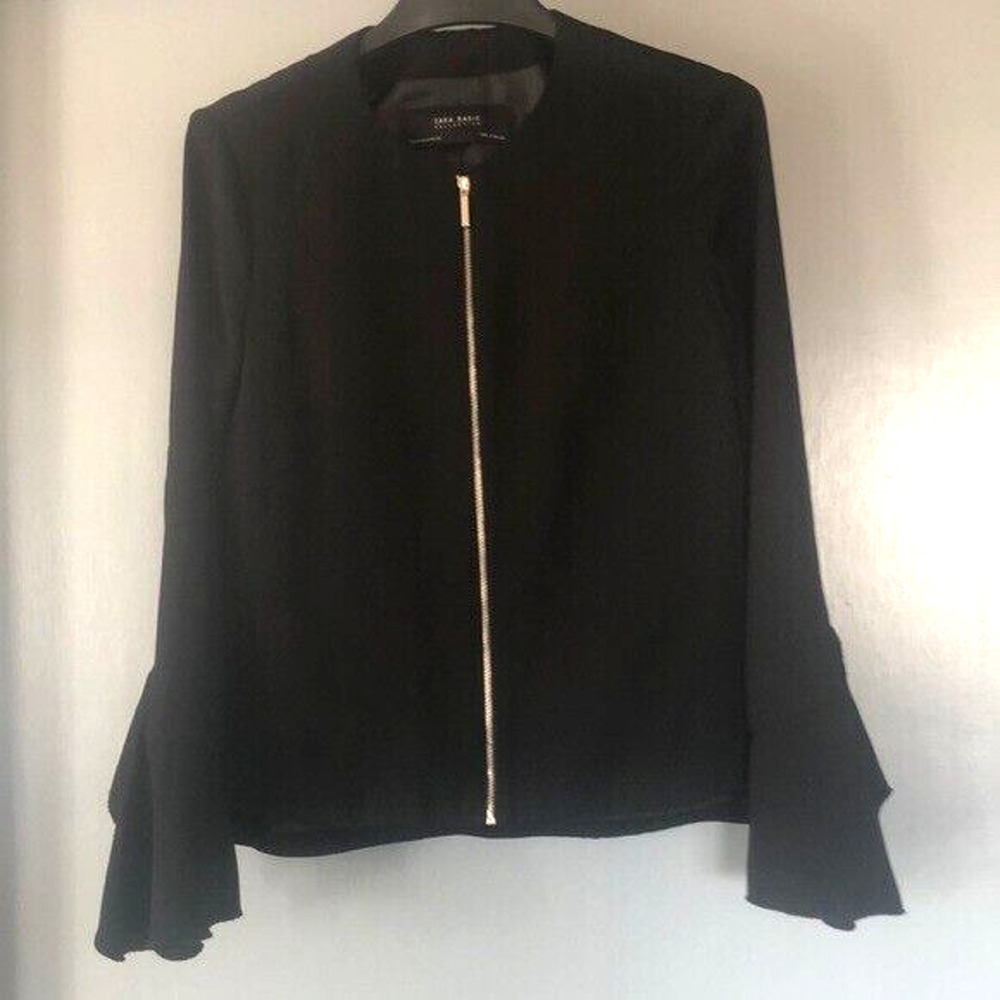 ZARA BASIC Women Size Medium Black long sleeved lined suit jacket front zip